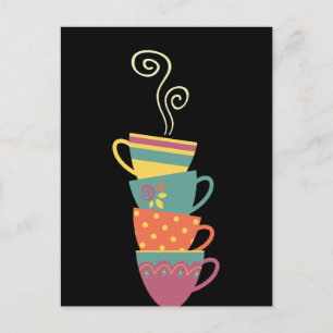 Colourful stacked tea/coffee cups, steam hot mugs postcard
