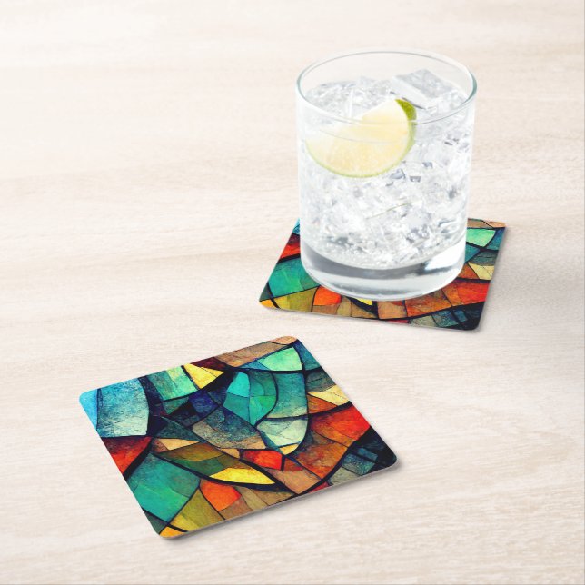 Colourful Stained Glass Abstraction Square Paper Coaster (Insitu)