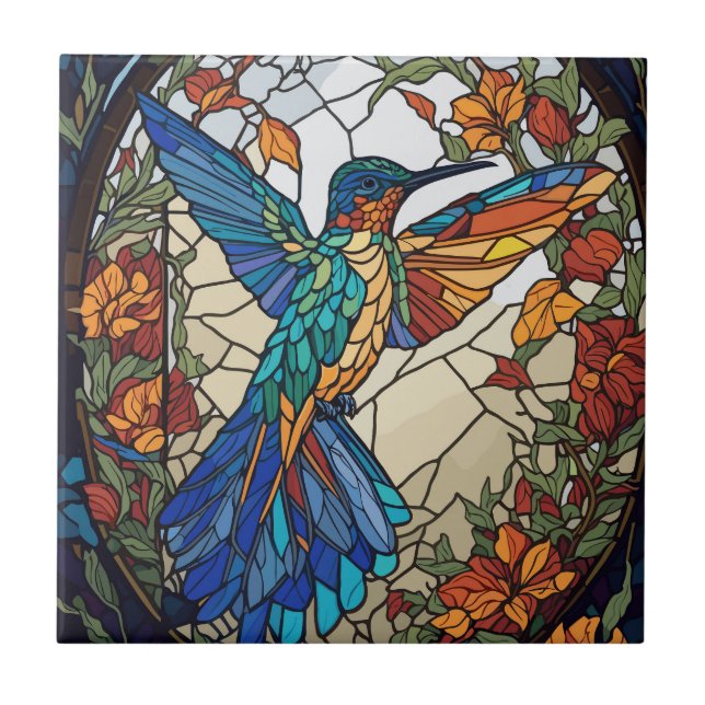 Colourful Stained Glass Artistic Hummingbird Ceramic Tile (Front)