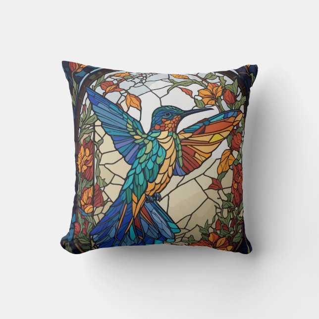 Colourful Stained Glass Artistic Hummingbird Cushion (Front)