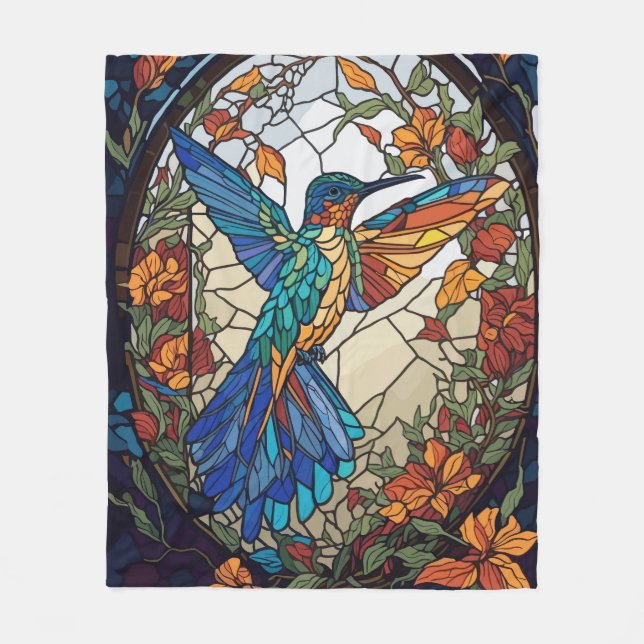 Colourful Stained Glass Artistic Hummingbird Fleece Blanket (Front)