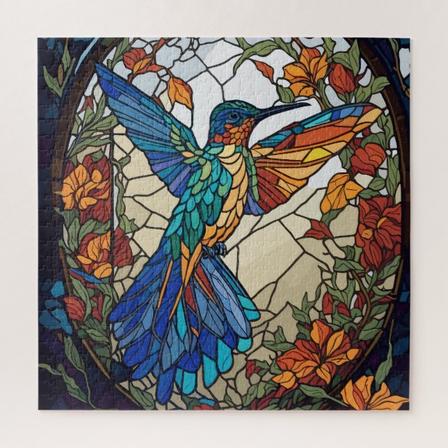 Colourful Stained Glass Artistic Hummingbird Jigsaw Puzzle (Vertical)