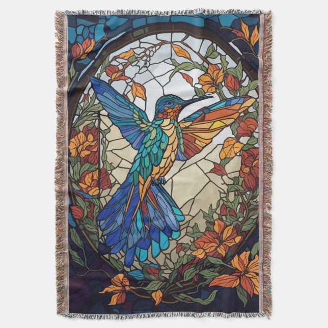 Colourful Stained Glass Artistic Hummingbird Throw Blanket (Front Vertical)