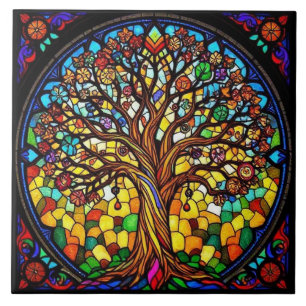 Colourful Stained Glass Big Tree Natured Inspired Ceramic Tile