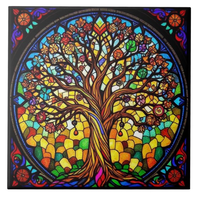 Colourful Stained Glass Big Tree Natured Inspired Ceramic Tile (Front)