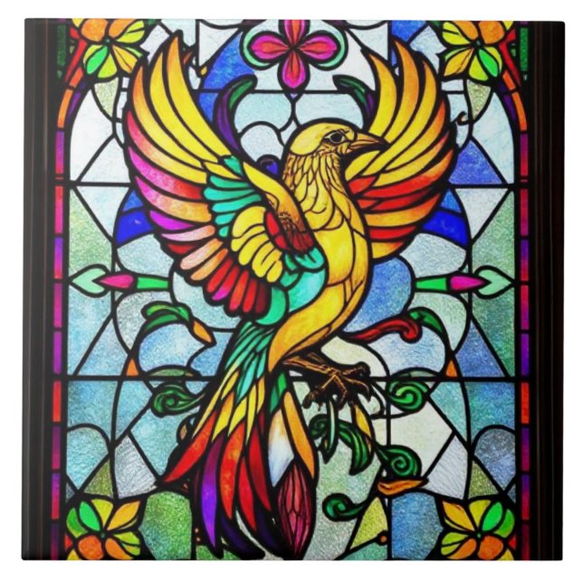 Colourful Stained Glass Bird Animal Inspired Ceramic Tile (Front)