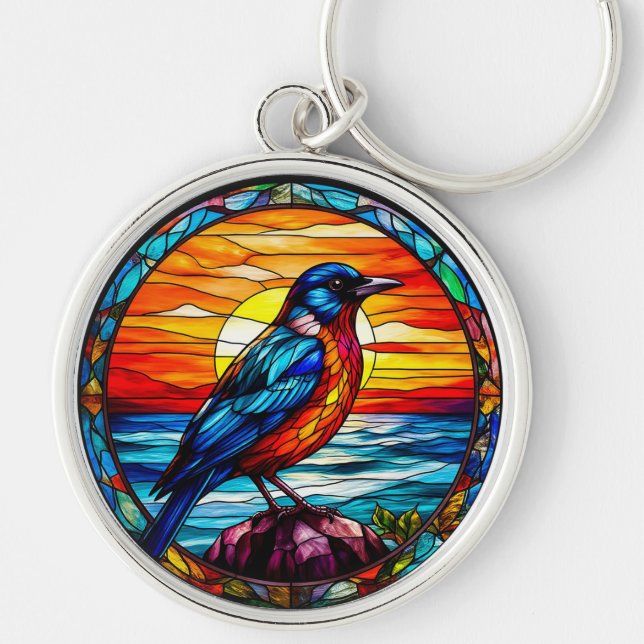 Colourful Stained Glass Bird Artwork Key Ring (Front)