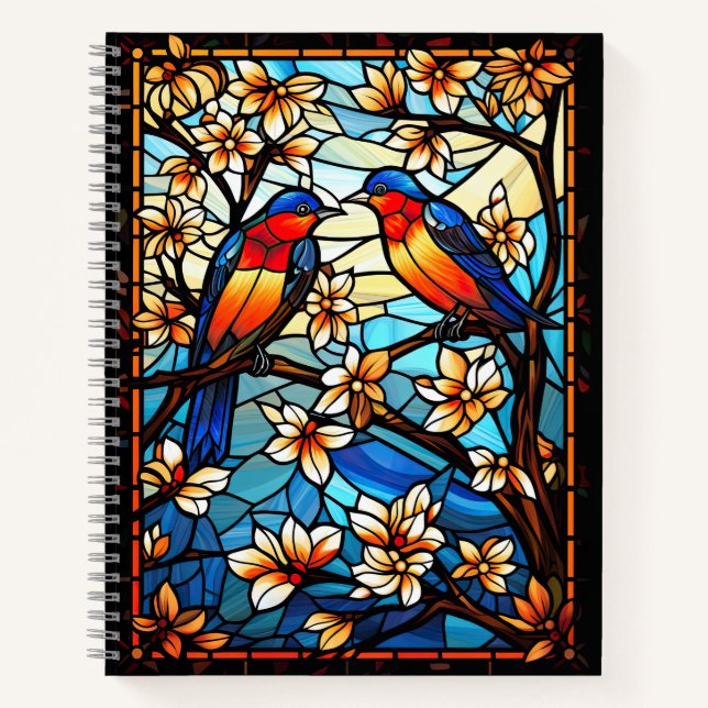 Colourful Stained Glass Birds on Flowering Branche Notebook (Front)