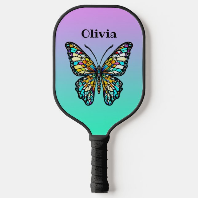 Colourful Stained Glass Butterfly Personalised Pickleball Paddle (Front)