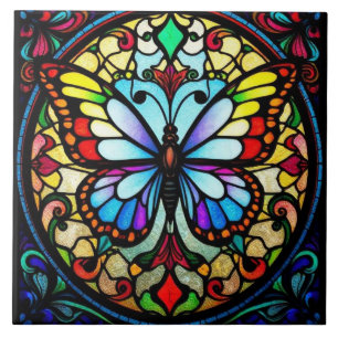 Colourful Stained Glass Butterfly Vibrant Art Ceramic Tile