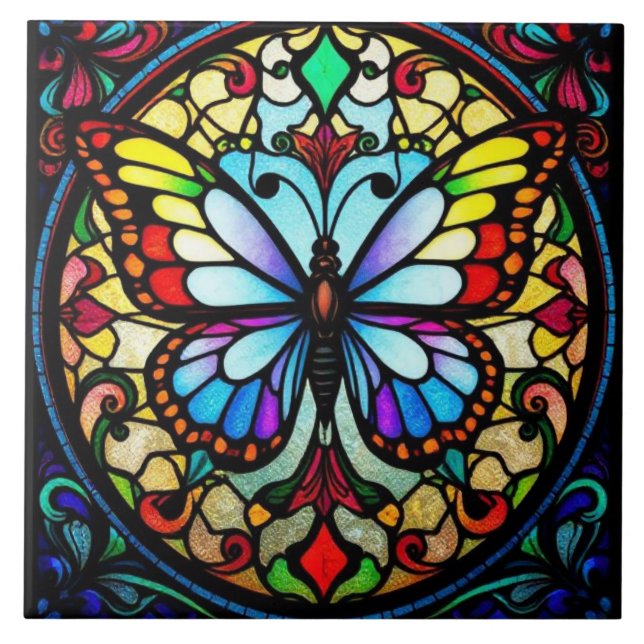 Colourful Stained Glass Butterfly Vibrant Art Ceramic Tile (Front)