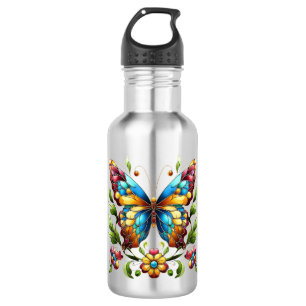 Colourful stained glass butterfly with flowers 532 ml water bottle