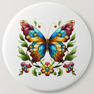 Colourful stained glass butterfly with flowers 6 cm round badge