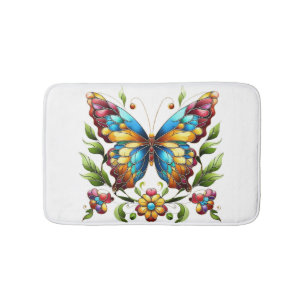 Colourful stained glass butterfly with flowers bath mat