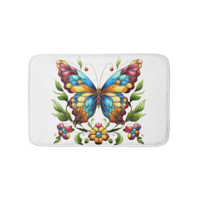 Colourful stained glass butterfly with flowers bath mat (Front)