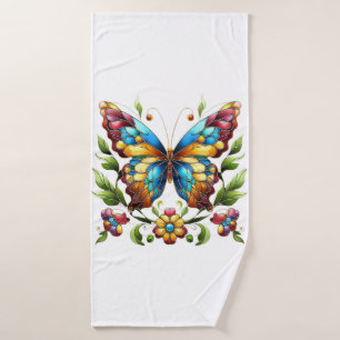 Colourful stained glass butterfly with flowers bath towel