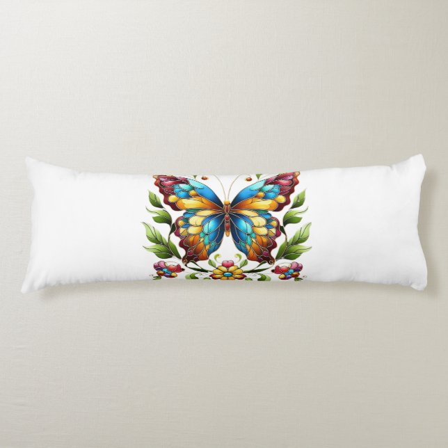 Colourful stained glass butterfly with flowers body cushion (Front)