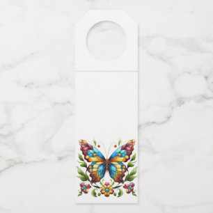 Colourful stained glass butterfly with flowers bottle tag