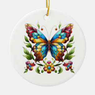 Colourful stained glass butterfly with flowers ceramic ornament