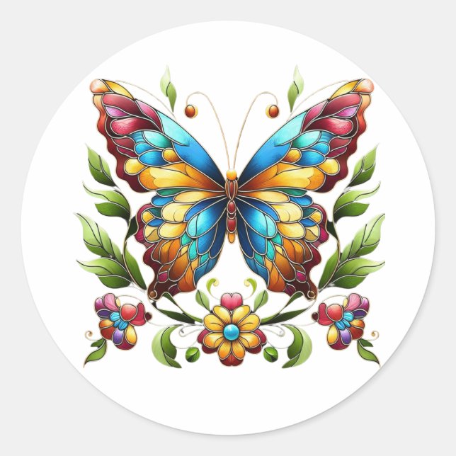 Colourful stained glass butterfly with flowers classic round sticker (Front)