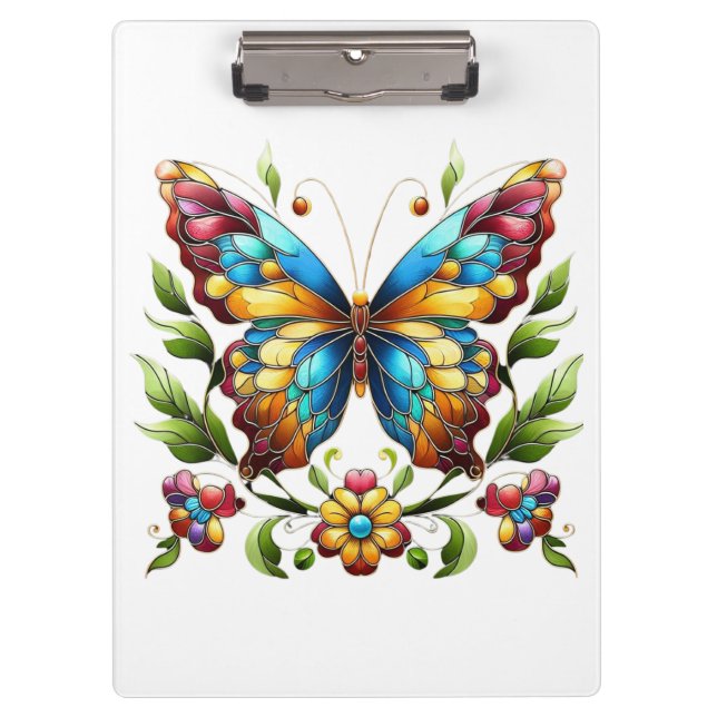 Colourful stained glass butterfly with flowers clipboard (Front)