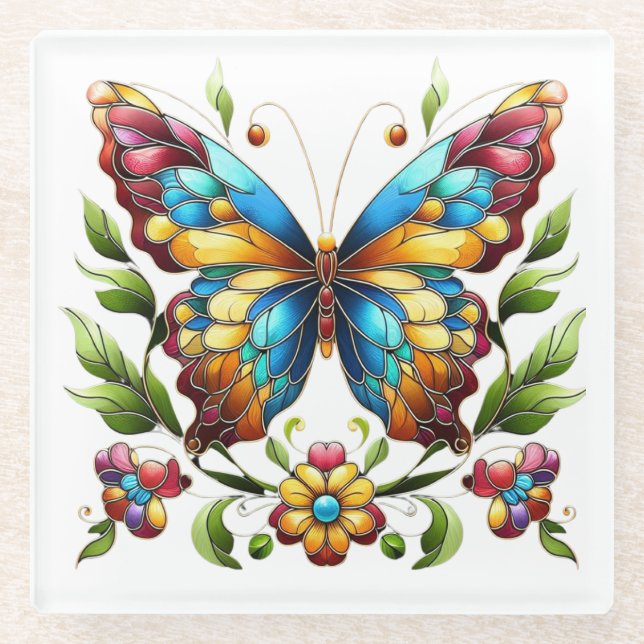 Colourful stained glass butterfly with flowers coaster (Front)