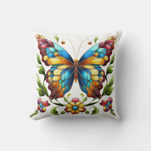 Colourful stained glass butterfly with flowers cushion
