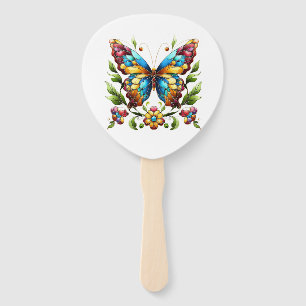 Colourful stained glass butterfly with flowers hand fan