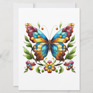 Colourful stained glass butterfly with flowers holiday card