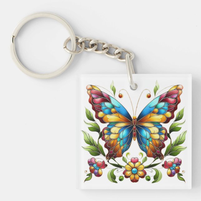 Colourful stained glass butterfly with flowers key ring (Front)