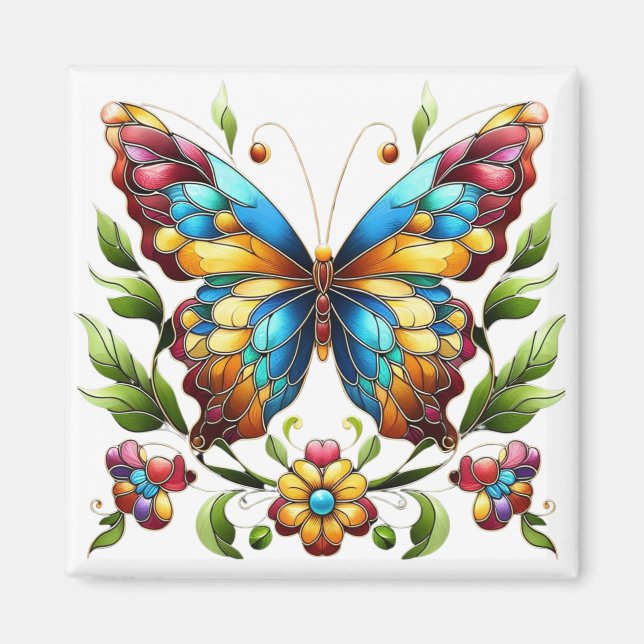 Colourful stained glass butterfly with flowers magnet (Front)