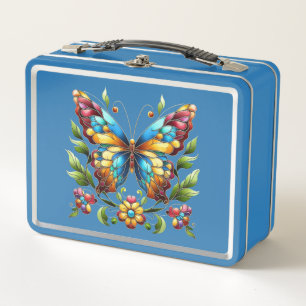 Colourful stained glass butterfly with flowers metal lunch box