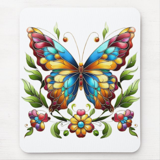 Colourful stained glass butterfly with flowers mouse pad (Front)