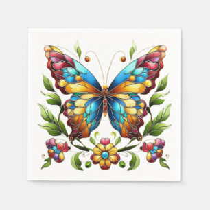 Colourful stained glass butterfly with flowers napkin