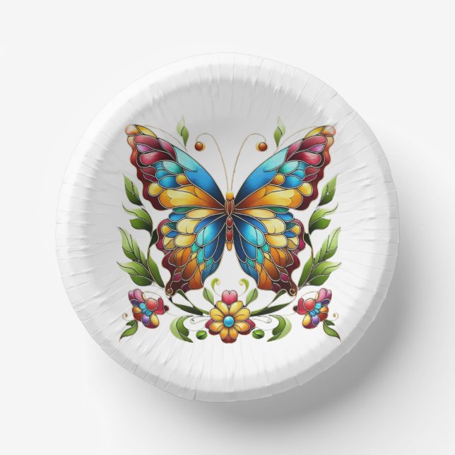 Colourful stained glass butterfly with flowers paper plate (Front)