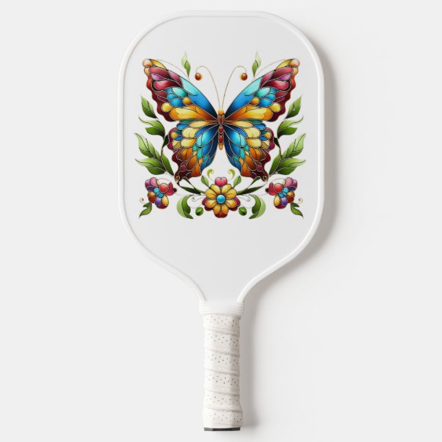 Colourful stained glass butterfly with flowers pickleball paddle (Front)