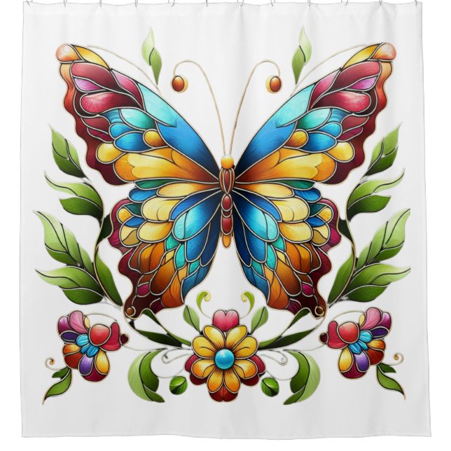 Colourful stained glass butterfly with flowers shower curtain (Front)