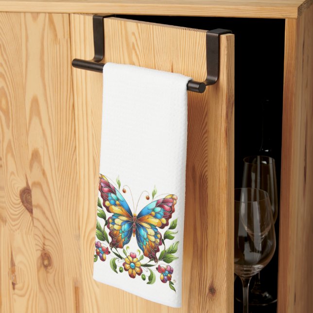 Colourful stained glass butterfly with flowers tea towel (Thirds Fold)