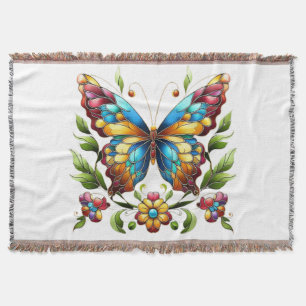 Colourful stained glass butterfly with flowers throw blanket