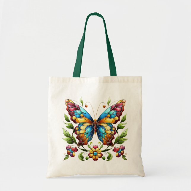 Colourful stained glass butterfly with flowers tote bag (Front)