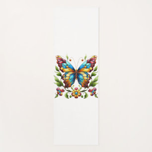 Colourful stained glass butterfly with flowers yoga mat
