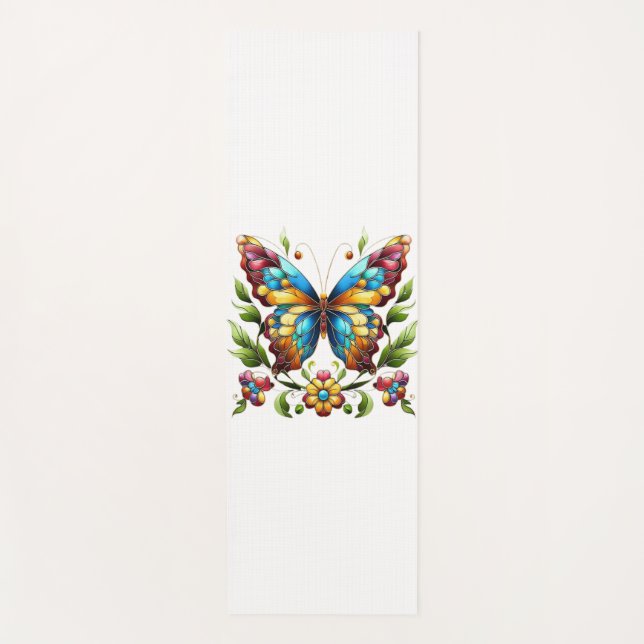 Colourful stained glass butterfly with flowers yoga mat (Front)