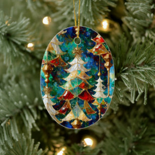 Colourful Stained Glass Christmas Trees Ceramic Ornament