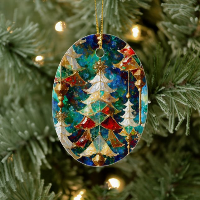 Colourful Stained Glass Christmas Trees Ceramic Ornament (Tree)
