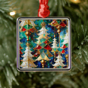 Colourful Stained Glass Christmas Trees Metal Ornament