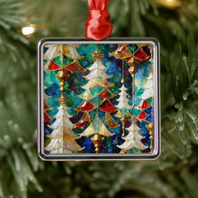 Colourful Stained Glass Christmas Trees Metal Ornament (Tree)