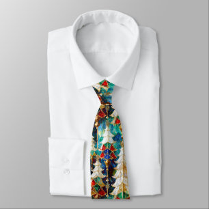 Colourful Stained Glass Christmas Trees Tie