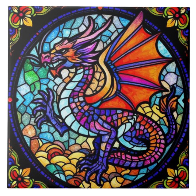 Colourful Stained Glass Dragon Mosaic Ceramic Tile (Front)