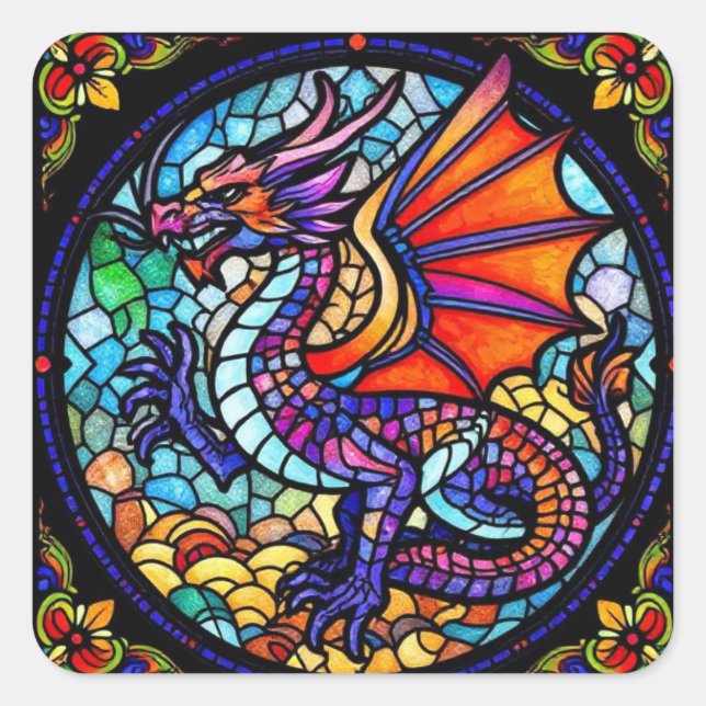 Colourful Stained Glass Dragon Mosaic Square Sticker (Front)