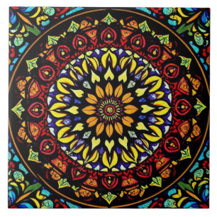 Colourful Stained Glass Floral Mandala Artwork Ceramic Tile